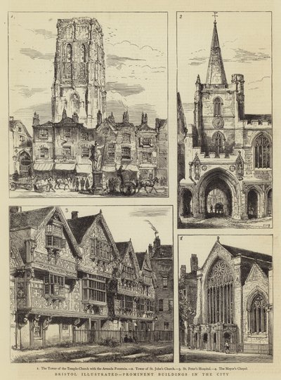 ブリストル市のイラスト入りの著名な建物 作： Henry William Brewer